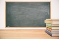 Classroom with blackboard, wooden table and books