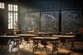 a classroom with blackboards and tables. empty classroom with desks neatly arranged and a chalkboard