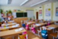Classroom in a blurred background with no children. Students left their backpacks and notebooks and went on a break Royalty Free Stock Photo