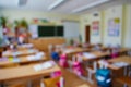 Classroom in a blurred background with no children. Students left their backpacks and notebooks and went on a break Royalty Free Stock Photo