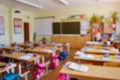 Classroom in a blurred background with no children. Students left their backpacks and notebooks and went on a break Royalty Free Stock Photo