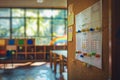 Classroom bulletin board displaying student charts and notes in a vibrant learning environment Royalty Free Stock Photo