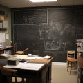 A classroom with a chalkboard filled with notes and diagr created with generative AI