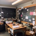 A classroom with a chalkboard filled with notes and diagr one created with generative AI