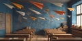 Classroom Decor Paper Airplane Mural Rustic Desks Royalty Free Stock Photo