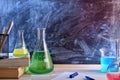 Classroom desk and blackboard of chemistry teaching general view Royalty Free Stock Photo