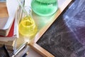 Classroom desk and blackboard of chemistry teaching elevated vie Royalty Free Stock Photo