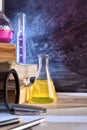 Classroom desk and blackboard of chemistry teaching vertical Royalty Free Stock Photo