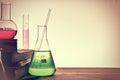 Classroom desk of chemistry teaching close up Royalty Free Stock Photo