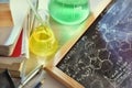 Classroom desk and drawn blackboard of chemistry teaching elevated view