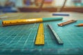 Classroom Desk Equipped with Mathematical Instruments Ruler Eraser Laid Out on Cutting Mat Royalty Free Stock Photo