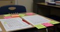 Classroom Desk with Graded Tests and Student Notes: A Glimpse into Education Royalty Free Stock Photo