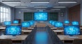 Classroom with Desks, Computers Displaying Digital Screens, Chalkboard and Gray Interior for Education and Technology Royalty Free Stock Photo