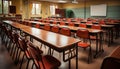 a classroom with Empty chairs and tables generative AI Royalty Free Stock Photo