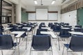 Classroom, empty class or exam room for back to school with seats and chairs, no student