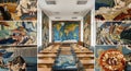 Classroom featuring a large tapestry world map and tapestries with nature scenes on the walls, creating a unique educational Royalty Free Stock Photo