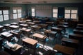 A classroom filled with desks and chairs. Generative AI image.