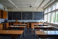 A Classroom Filled With Desks and a Chalkboard, An empty high school science classroom with lab equipment and periodic table on