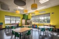classroom filled with natural light and vibrant colors for a collaborative learning environment