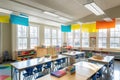 classroom filled with natural light and vibrant colors for a collaborative learning environment