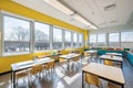 classroom filled with natural light and vibrant colors for a collaborative learning environment