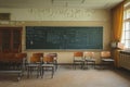 A classroom filled with several chairs and a blackboard, providing a space for learning and education, Empty classroom with a