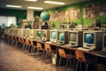 A classroom filled with vintage \'80s computers.