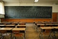 A classroom filled with wooden desks and a chalkboard at the front, Empty classroom with a blackboard covered in complex