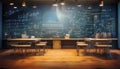 Firefly physics equations displayed in an educational setting with wooden tables and chairs