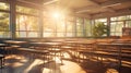 a classroom at golden hour, with the sunlight streaming through windows