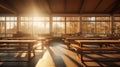a classroom at golden hour, with the sunlight streaming through windows