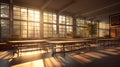 a classroom at golden hour, with the sunlight streaming through windows
