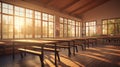 a classroom at golden hour, with the sunlight streaming through windows