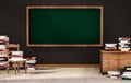 Classroom, green blackboard on black wall with table, chair and piles of books on concrete floor, 3d rendered