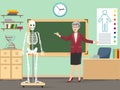 Classroom with human skeleton and teacher