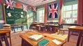 Classroom interior with empty blackboard with irregular verbs, flags of USA, Britain, Canada, alphabet and textbooks Royalty Free Stock Photo