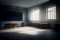 Classroom interior with empty blackboard and rows of desks. Royalty Free Stock Photo