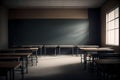 Classroom interior with empty blackboard and rows of desks. Royalty Free Stock Photo