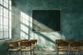Classroom interior with empty chairs, chalkboard, sunlight streaming Royalty Free Stock Photo