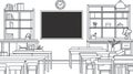 School Classroom Outline Scene with Desks, Bookshelves, and Chalkboard Royalty Free Stock Photo