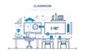 Classroom, interior of room, education, training, learning, workplace, knowledge, teaching.