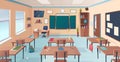 Classroom interior. School or college room with desks chalkboard teacher items for lesson vector cartoon illustration Royalty Free Stock Photo