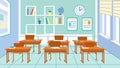 Classroom interior in school. High or elementary class, room in kindergarten or college with desk, books and notebooks Royalty Free Stock Photo