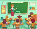 Classroom with kids. Teacher or professor teaches students in elementary school class. Student learn on lessons vector Royalty Free Stock Photo