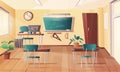 Classroom for mathematics, geometry, algebra subjects. Cartoon interior with chalkboard, clock on the wall, monitor