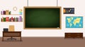 Classroom. Nobody school classroom interior with teachers desk and blackboard. Front Class Background