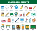 Classroom objects vector illustration. Labeled collection for kids learning