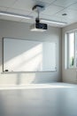Classroom with projector, whiteboard, and natural light from window education interior Royalty Free Stock Photo