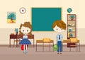 Classroom with pupils. Primary school kids. Modern interior for education. Boy and girl characters ready to study. Place