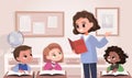 Classroom with pupils and teacher. Classroom interior. Children listen to teacher Royalty Free Stock Photo